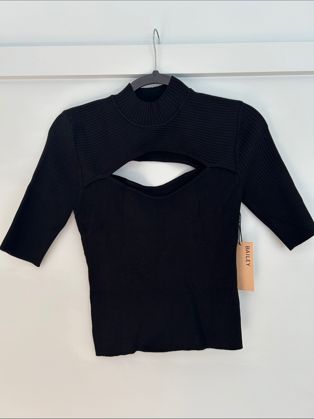 Bailey 44 Black Ribbed Cutout Mock Neck Top